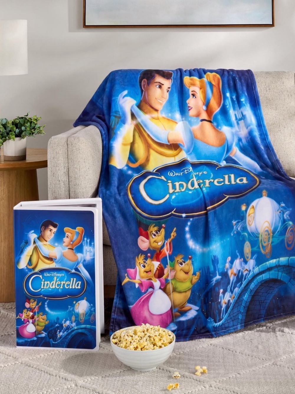 Disney Cinderella Blue Plush Throw Blanket with Multicolor Characters
